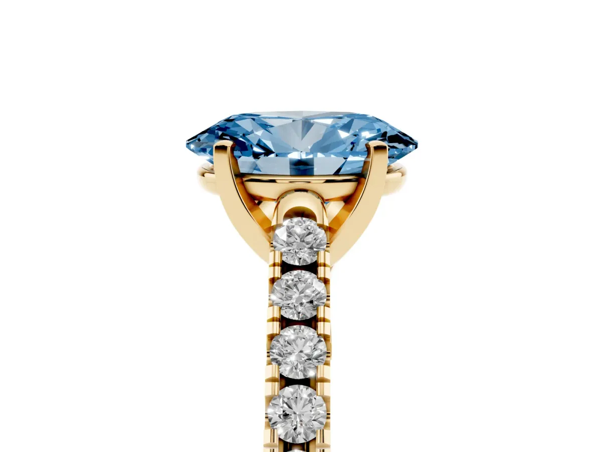 Fancy Blue Oval Cut Diamond Pavé Band Solitaire Ring with Prong Setting Yellow gold