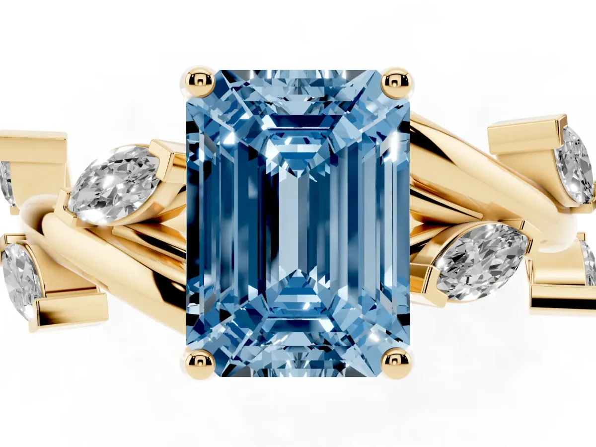 Fancy Blue Emerald Cut Solitaire Twisted Band Marquise Accent Prong Setting Ring Yellow gold