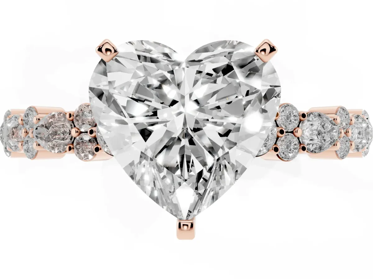 Heart Cut Diamond Side Stone Solitaire Ring with Round and Four-Prong Setting Rose gold