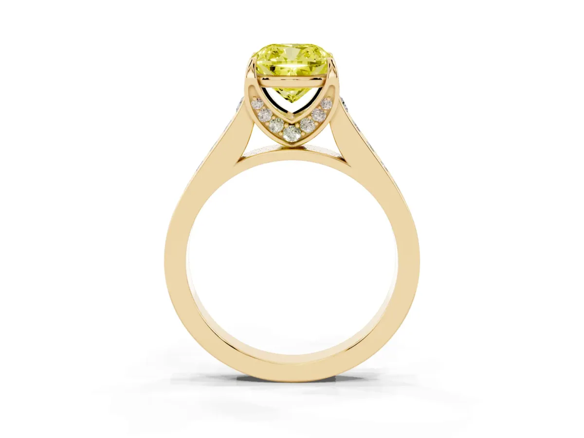 Fancy Yellow Cushion Cut Brilliant Cut Diamond Engagement Ring with Pavé Band and Four-Prong Setting Yellow gold