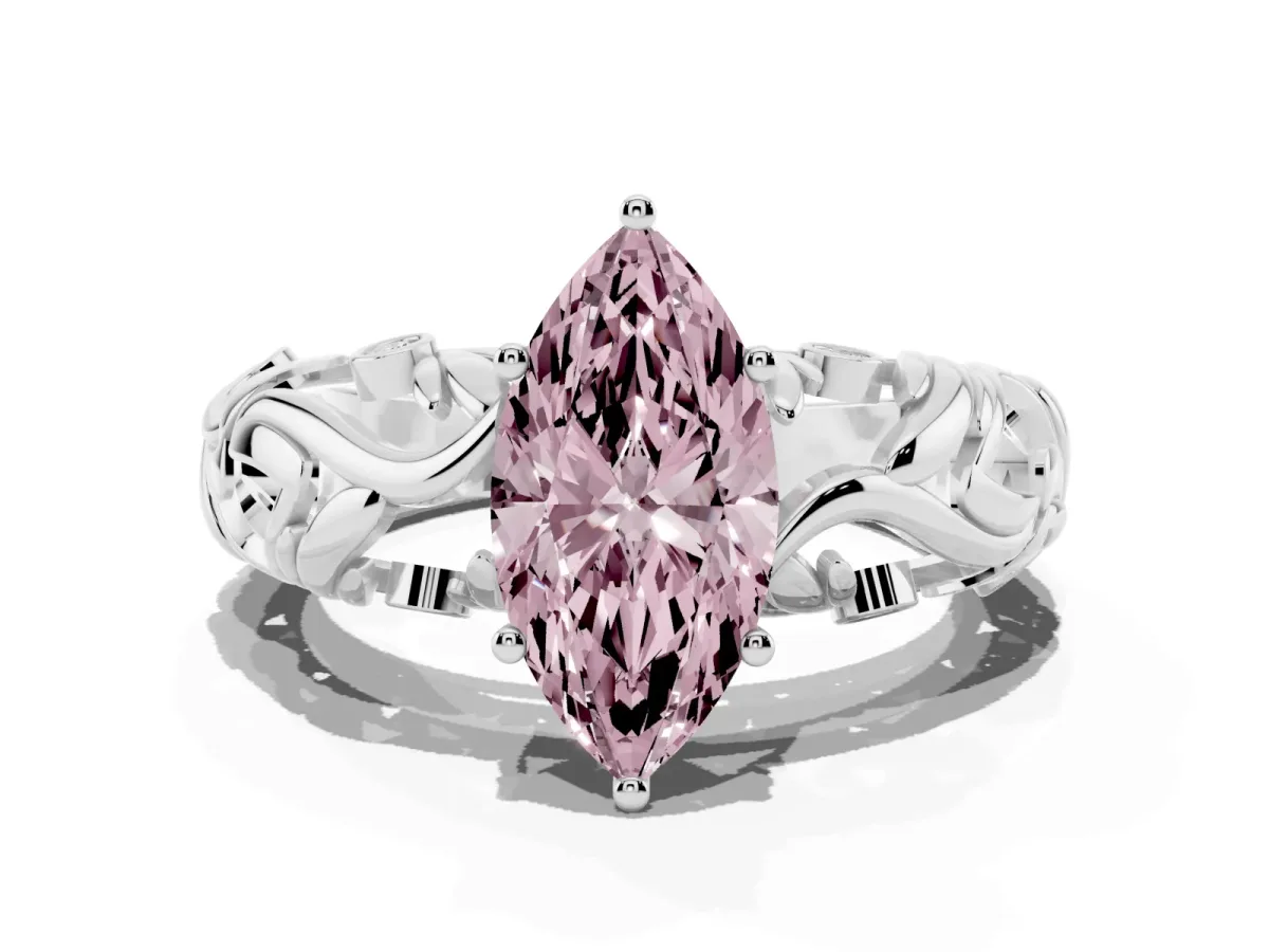Fancy Pink Marquise Cut Solitaire Diamond Leaf-Inspired Vine Band Ring with Prong Setting Silver