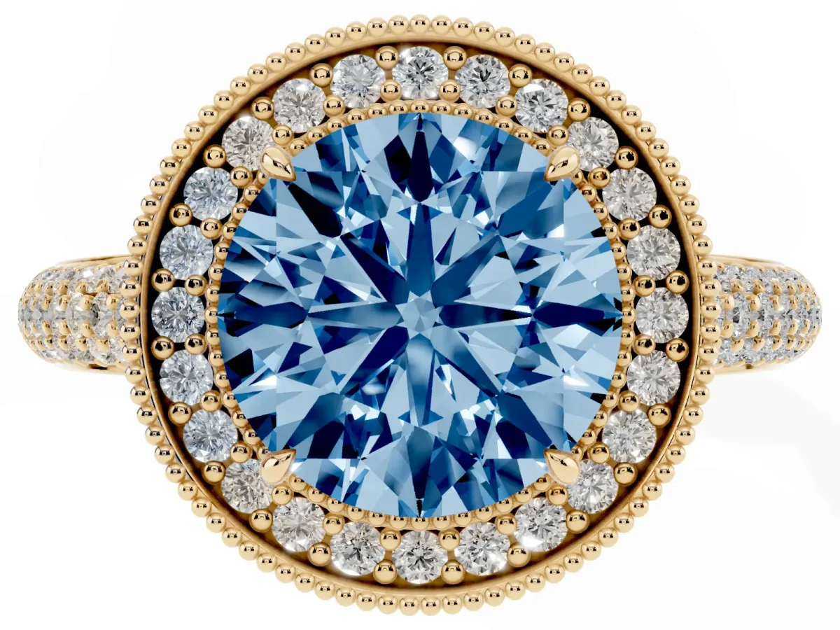 Fancy Blue Round Cut Cut Halo Diamond Pave Band with Four-Prong Setting Yellow gold