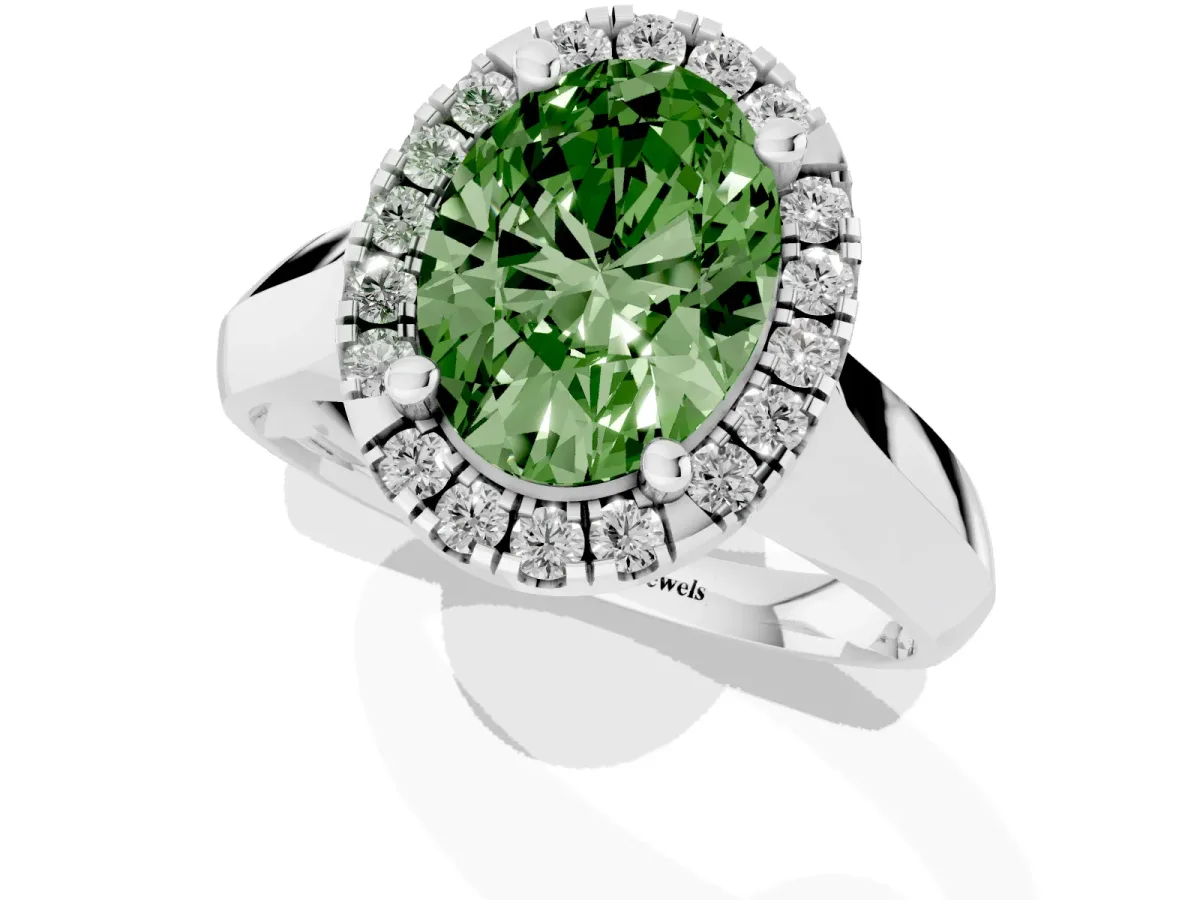 Fancy Green Oval Cut Cut Halo Solitaire Engagement Ring with Square Band and Four-Prong Setting Platinum