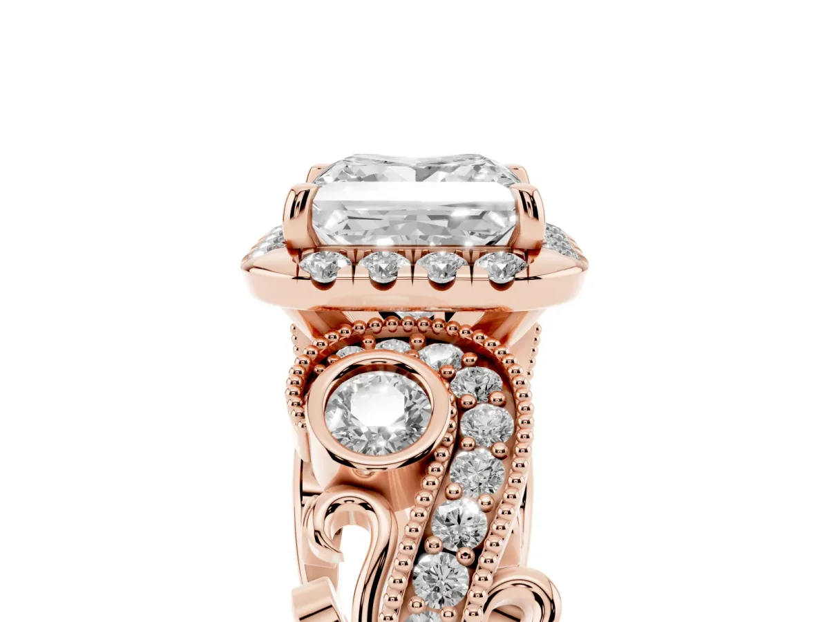 Princess Cut Diamond Halo Ring with Milgrain Pavé Band and Four-Prong Setting Rose gold