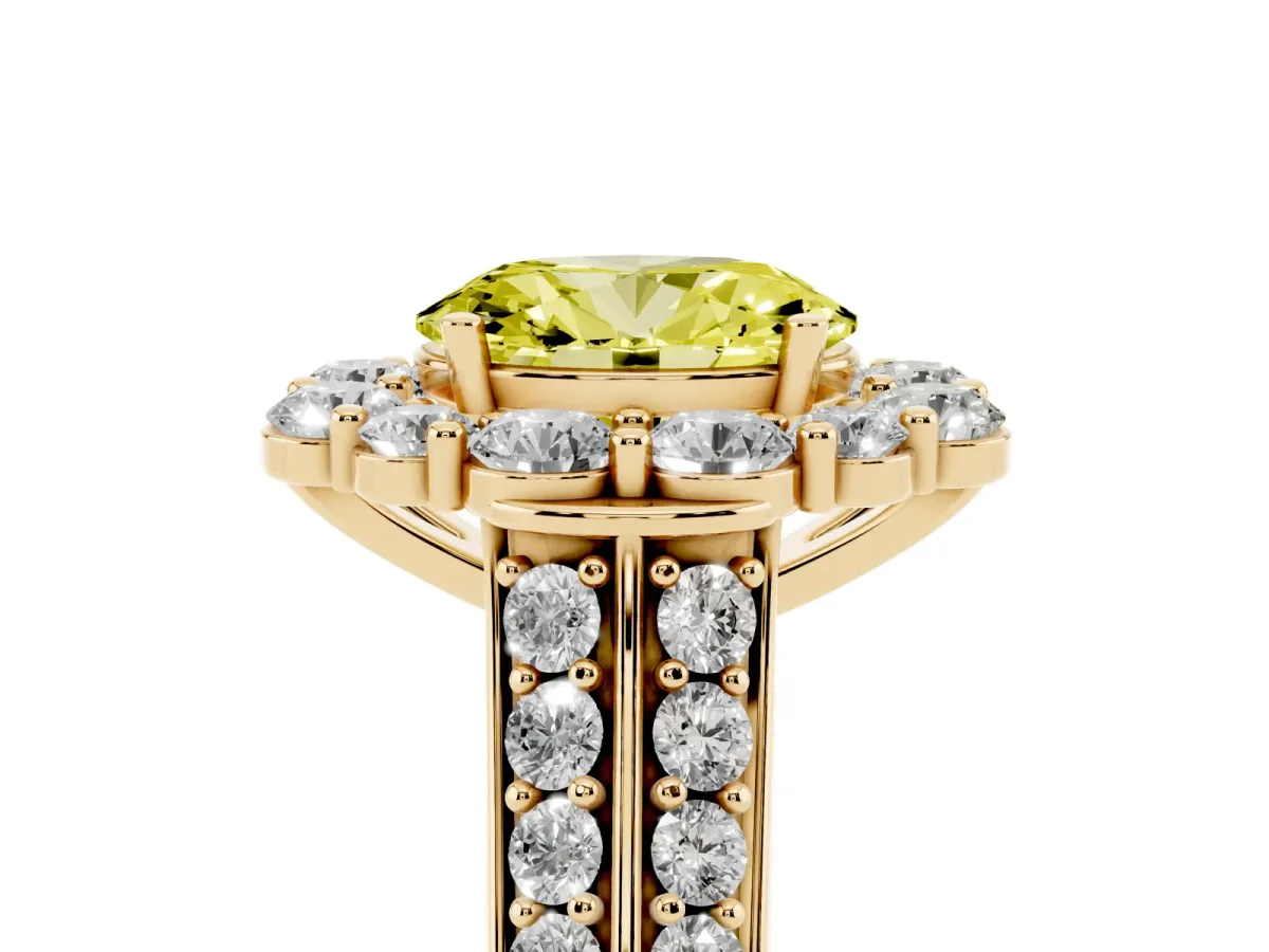 Fancy Yellow Oval Cut Halo Diamond Engagement Ring with Split Shank and Prong Setting Yellow gold