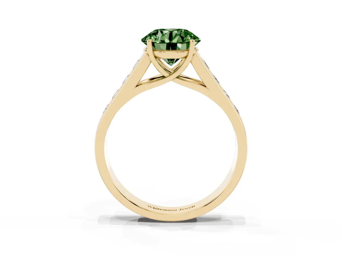 Fancy Green Round Cut Brilliant Channel-Set Solitaire Ring with Four-Prong Setting Yellow gold