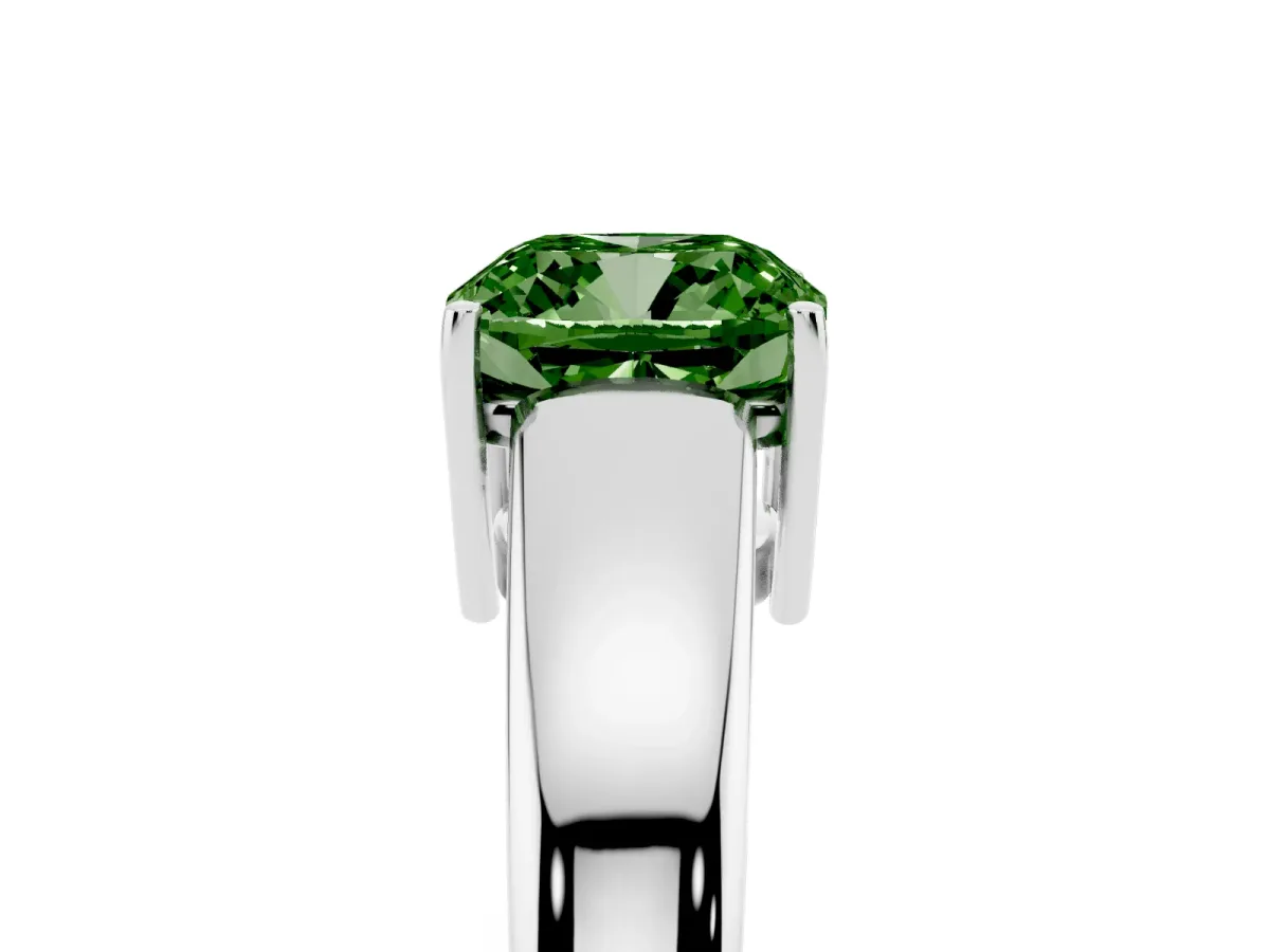 Fancy Green Cushion Cut Solitaire Diamond Ring with Tapered Band and Four-Prong Setting Silver