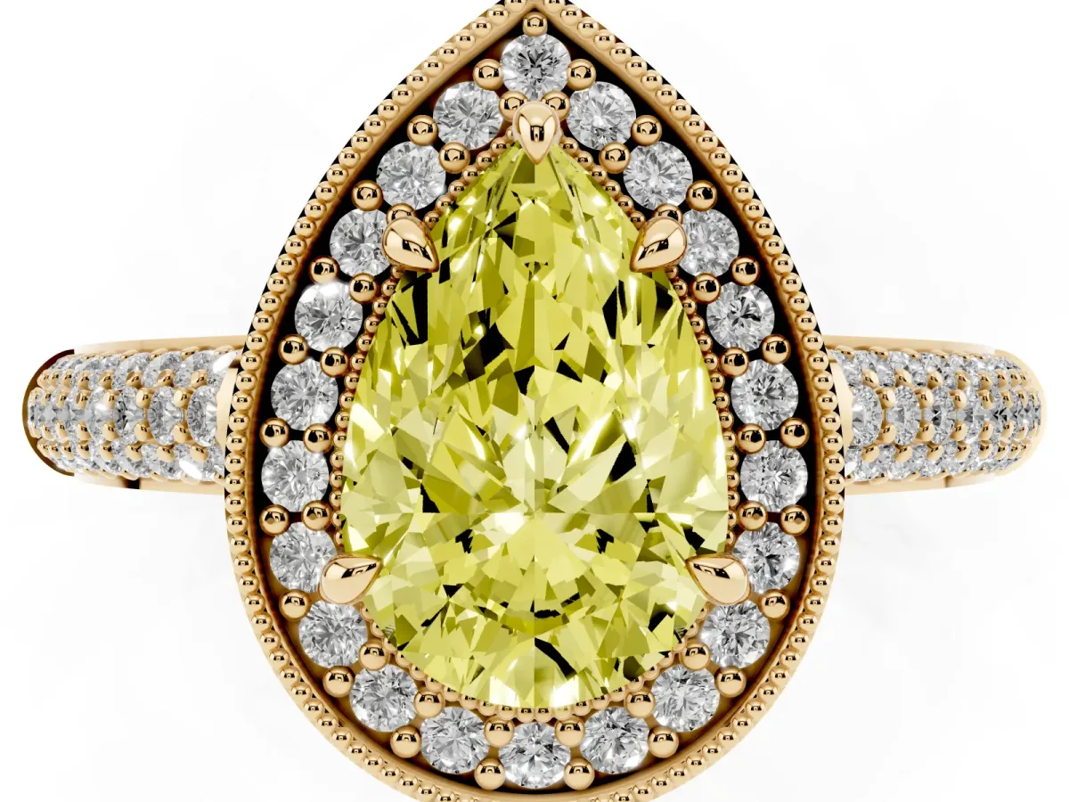 Fancy Yellow Pear Cut Cut Halo Diamond Pave Band with Four-Prong Setting Yellow gold
