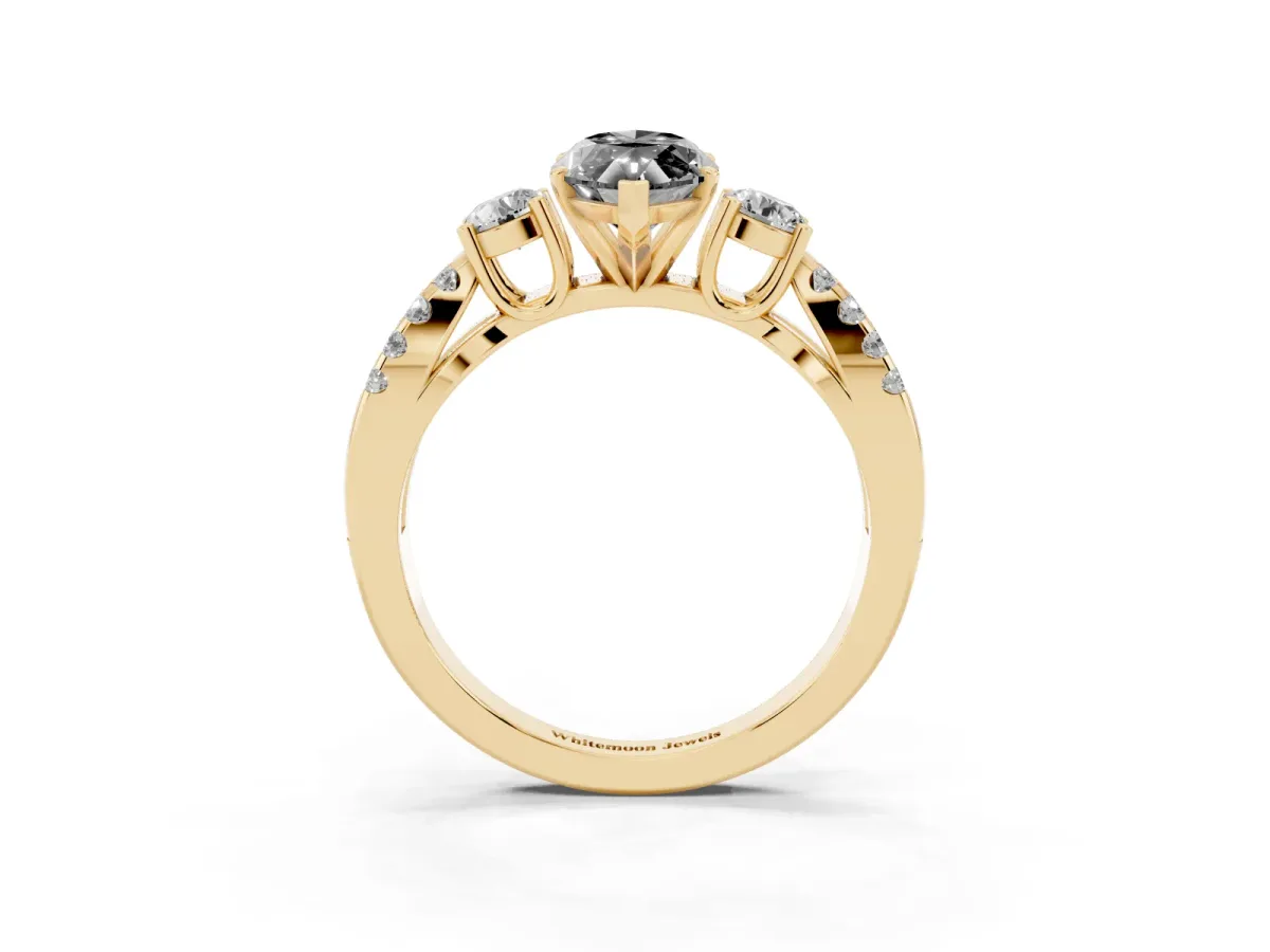 Fancy Black Marquise Cut Diamond Three-Stone Ring with Pavé Split Shank and Four-Prong Setting Yellow gold