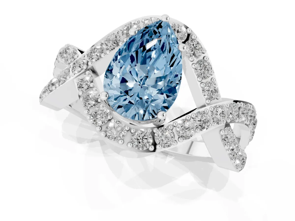 Fancy Blue Pear Cut Solitaire Twist Band Pavé Diamond Engagement Ring Silver