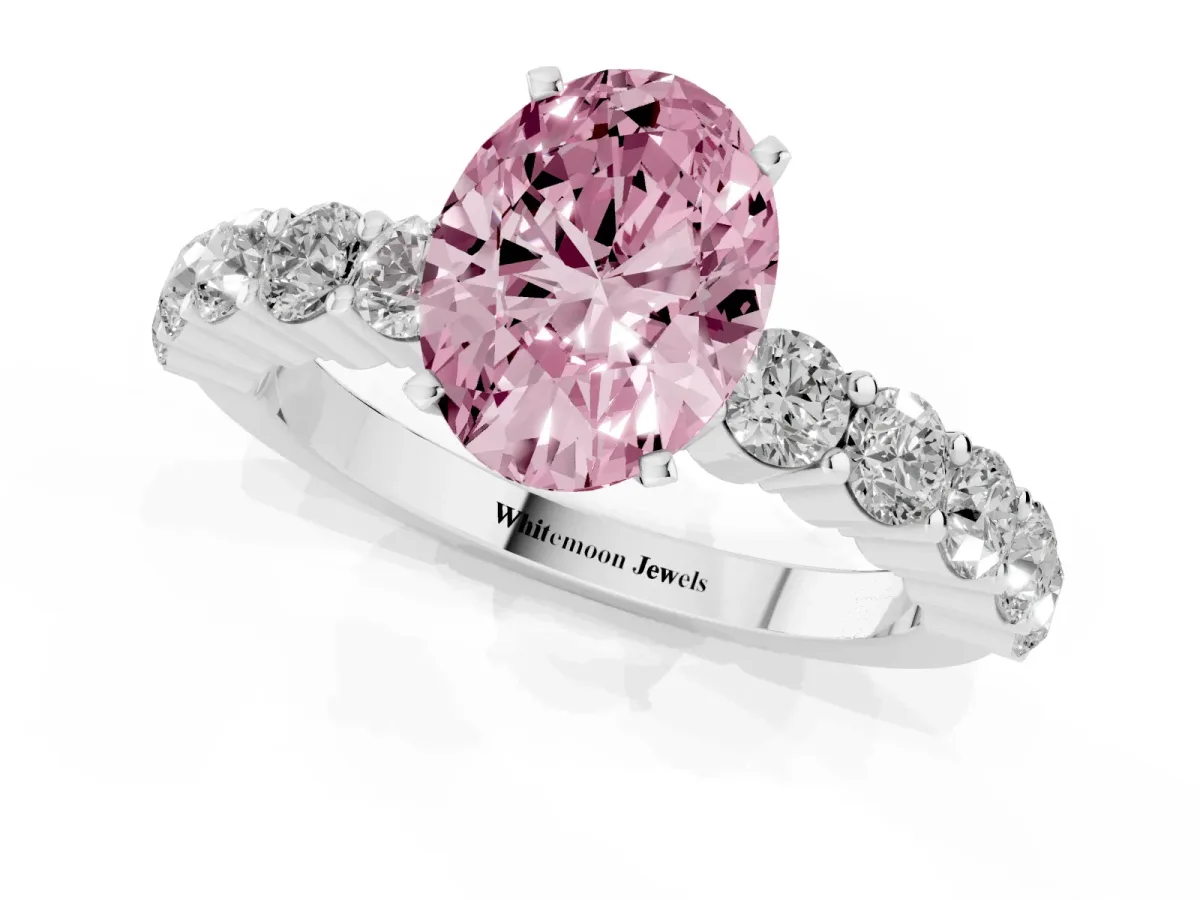 Fancy Pink Oval Cut Diamond Solitaire Ring with Shared Prong Round Side Stones Silver