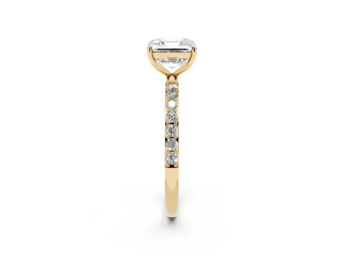Asscher Cut Diamond Solitaire Ring with Round Pavé Shoulders and Prong Setting Yellow gold