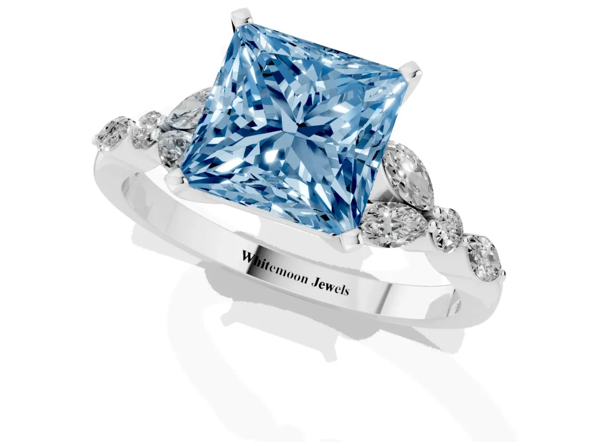 Fancy Blue Princess Cut Diamond Solitaire Ring with Side Stones and Four-Prong Setting Platinum