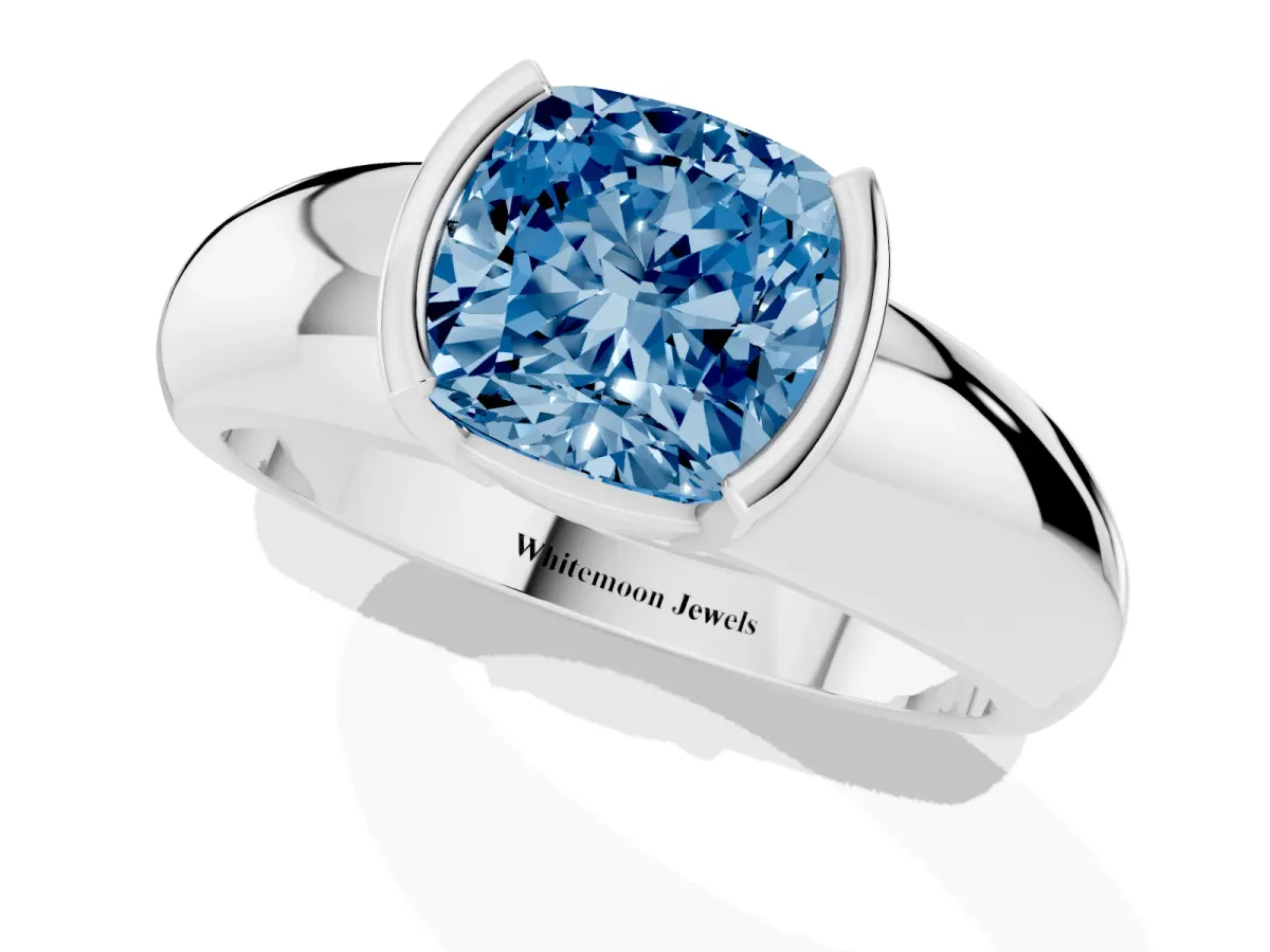 Fancy Blue Cushion Cut Solitaire Tension Set Diamond Ring with Wide Band Silver