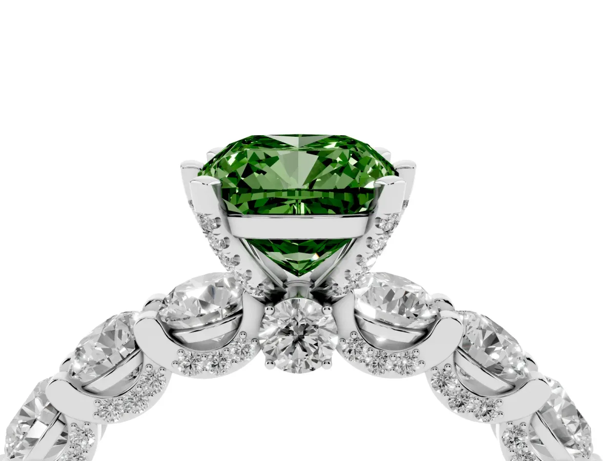 Fancy Green Cushion Cut Diamond Side Stone Engagement Ring with Four-Prong Setting Platinum