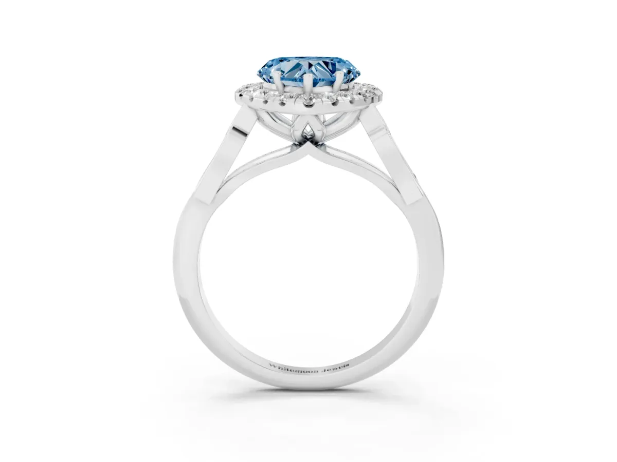 Fancy Blue Heart Cut Halo Diamond Engagement Ring with Filigree Band and Four-Prong Setting Silver