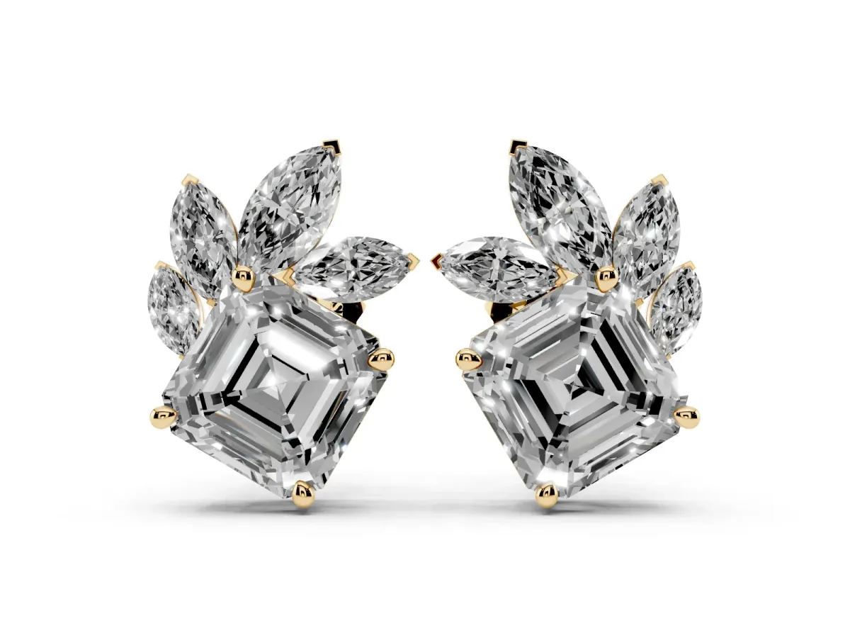 Asscher and Marquise Diamond Cluster Stud Earrings Yellow gold