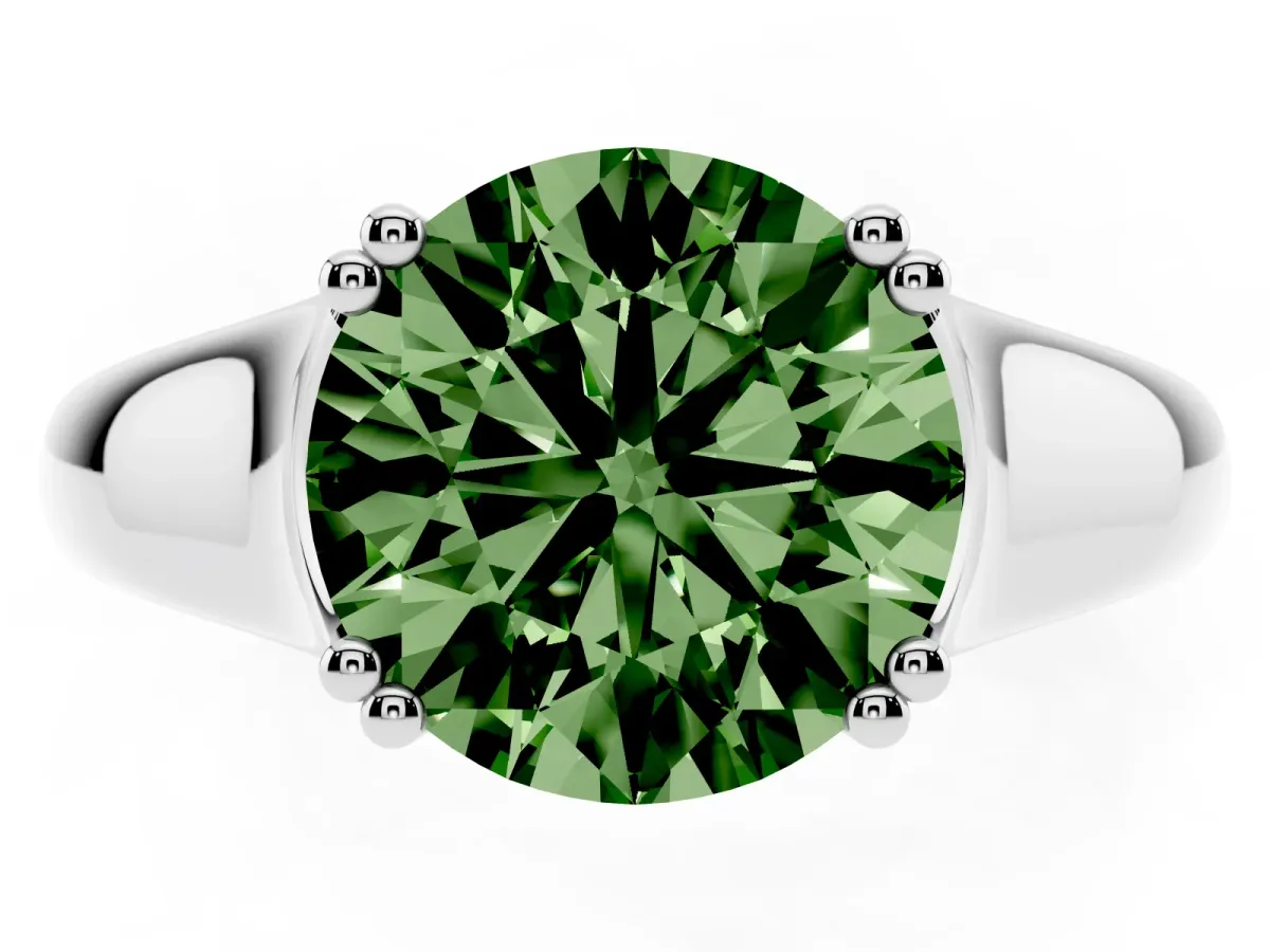 Fancy Green Round Cut Diamond Solitaire Ring with Wide Band and Prong Setting Silver