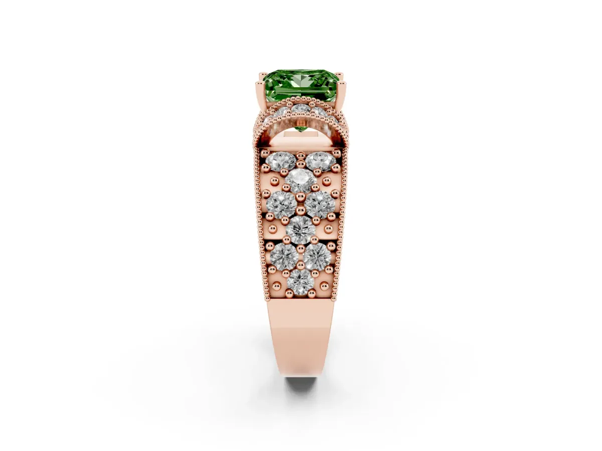 Fancy Green Princess Cut Halo Pave Diamond Engagement Ring with Milgrain Detailing Rose gold