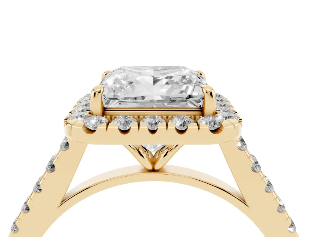 Princess Cut Halo Pave Diamond Engagement Ring with Four-Prong Setting Yellow gold