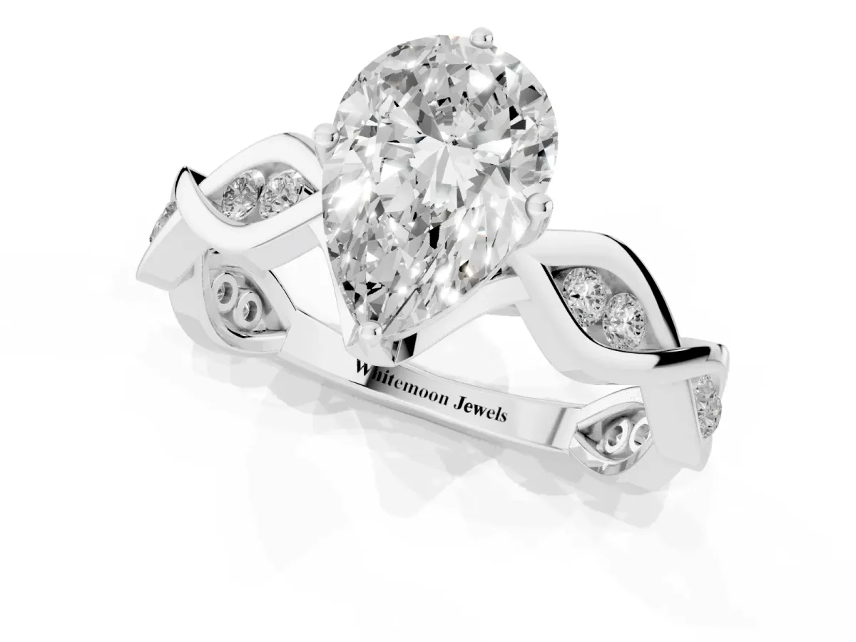 Pear Cut Solitaire Twist Band with Leaf Prong Setting White gold