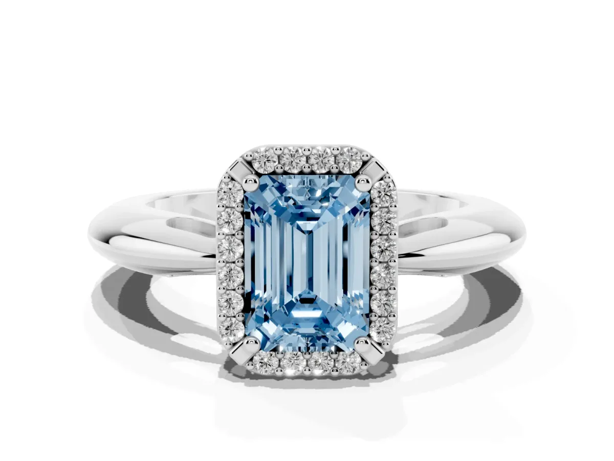 Fancy Blue Emerald Cut Cut Diamond Halo Engagement Ring with Split Shank and Four-Prong Setting Silver