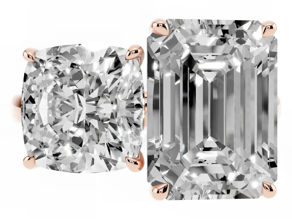 Cushion Cut and Emerald Cut Toi Moi Ring with Prong Setting Rose gold