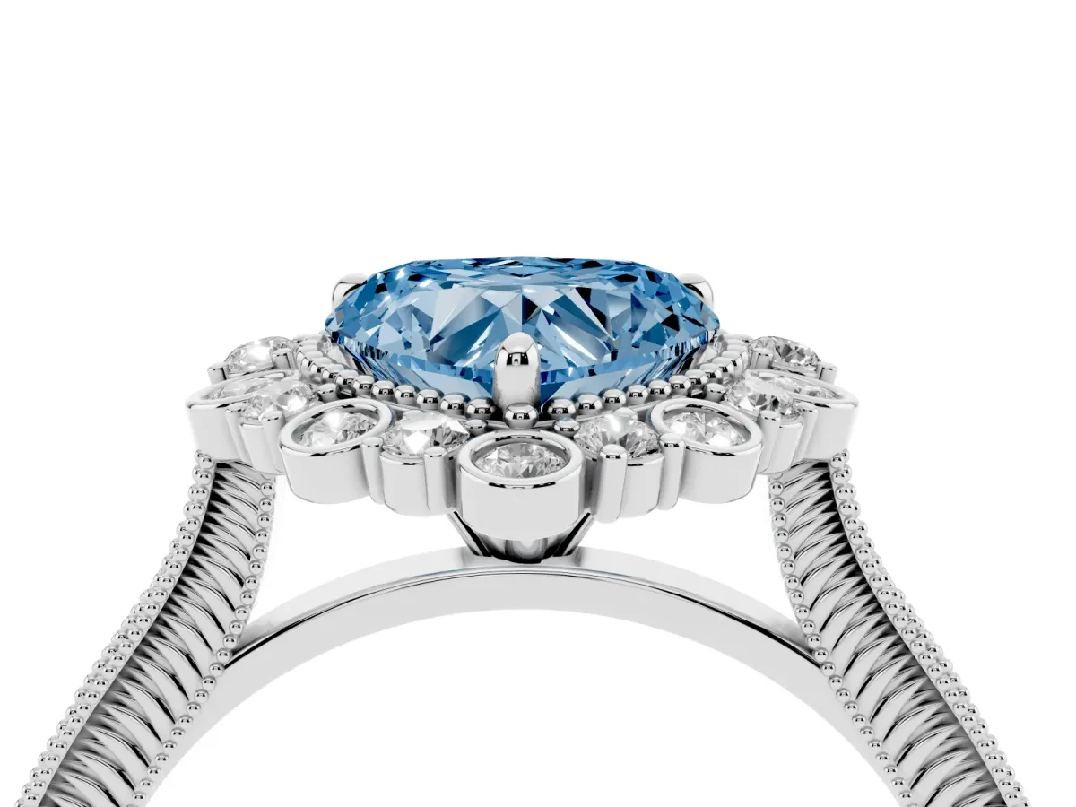 Fancy Blue Heart Cut Halo Milgrain Pave Diamond Ring with Four-Prong Setting Silver