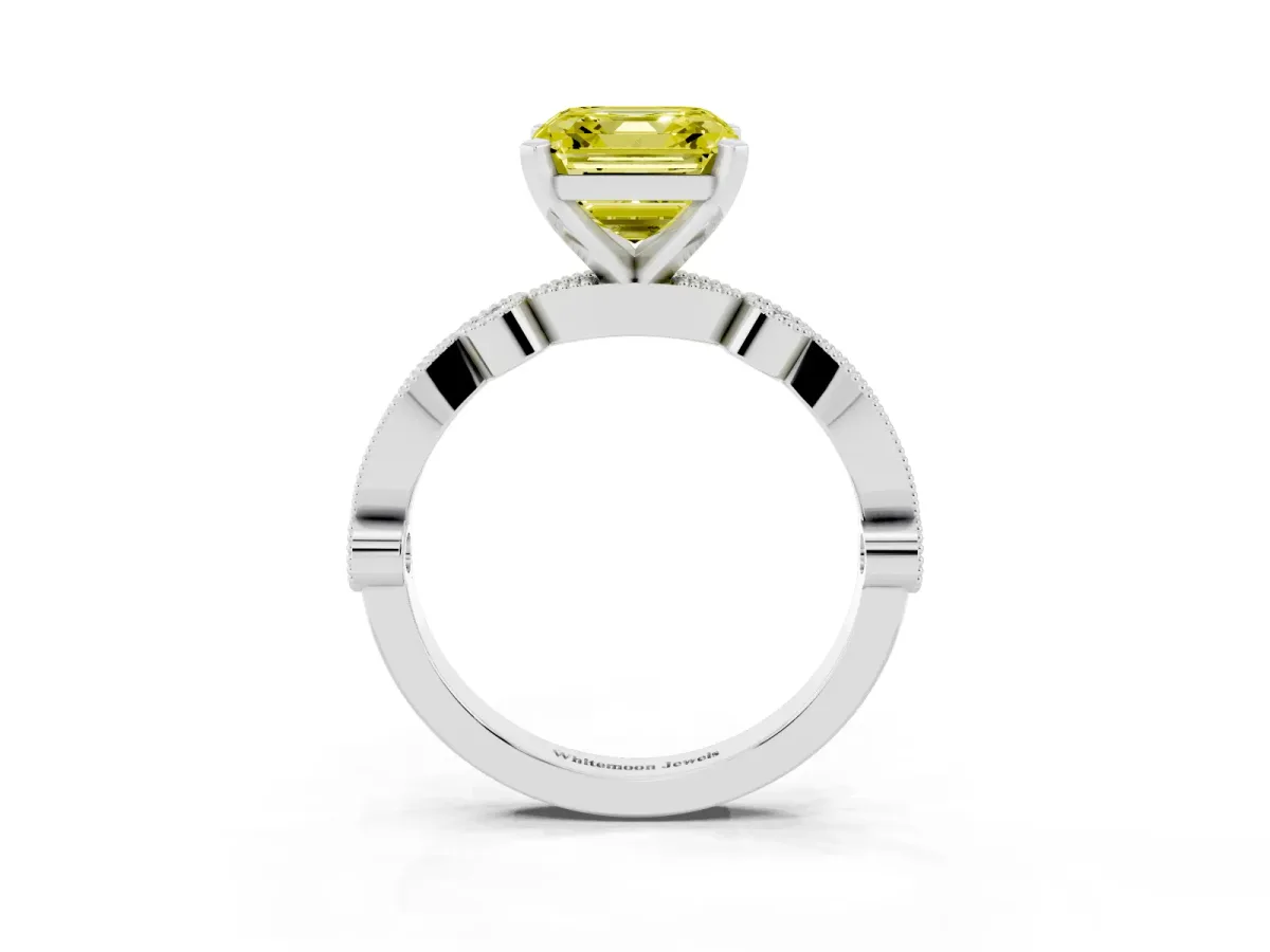 Fancy Yellow Asscher Cut Milgrain Bezel Diamond Engagement Ring with Solitaire Prong Setting Platinum