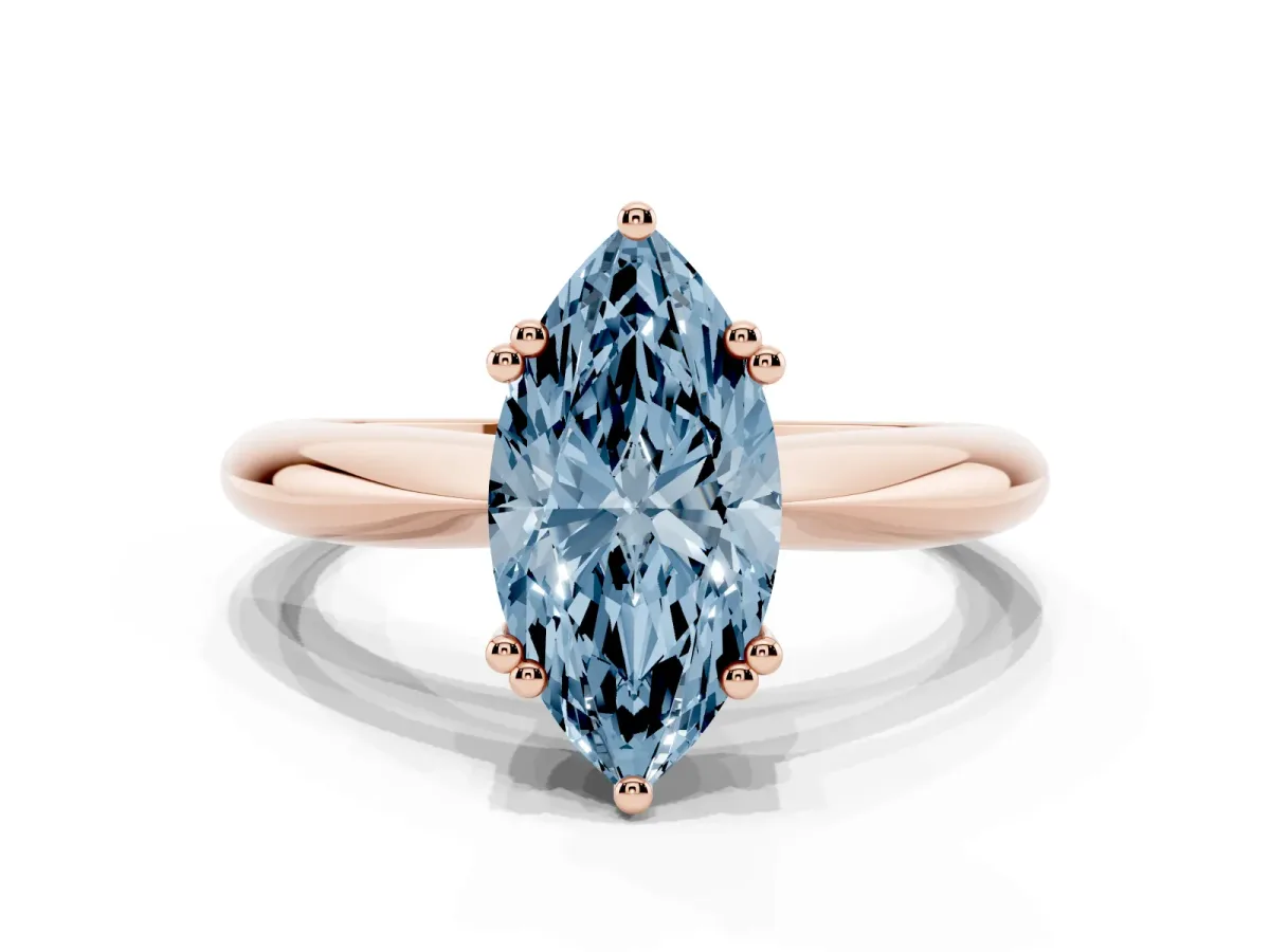 Fancy Blue Marquise Cut Cut Solitaire Engagement Ring with Tapered Band and Four-Prong Setting Rose gold