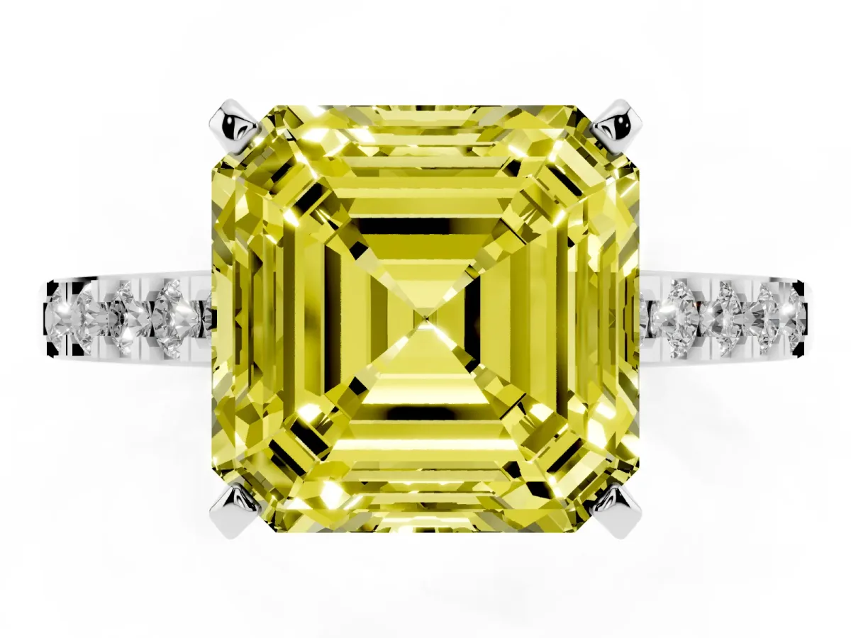 Fancy Yellow Asscher Cut Diamond Solitaire Ring with Crossover Gallery and Round Pavé Band Platinum