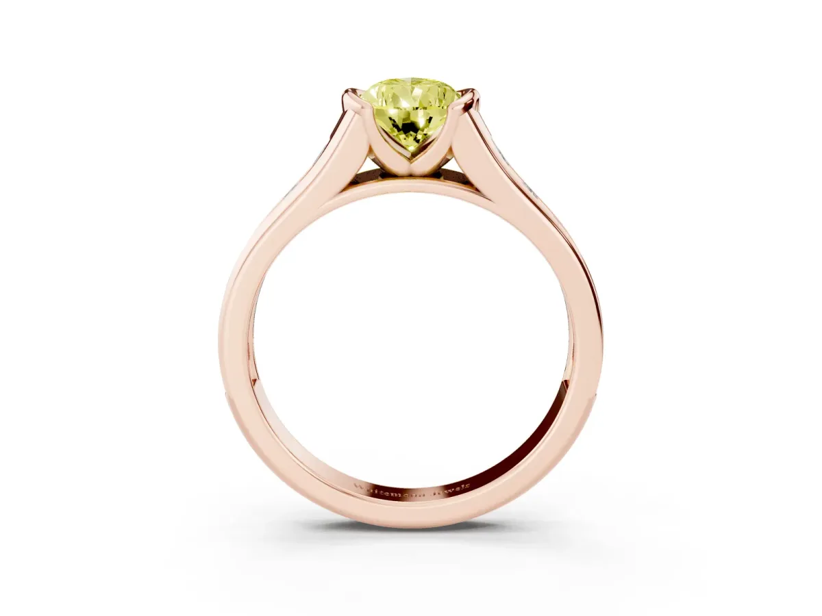 Fancy Yellow Pear Cut Solitaire Bezel-Set Diamond Ring with Channel-Set Band Rose gold