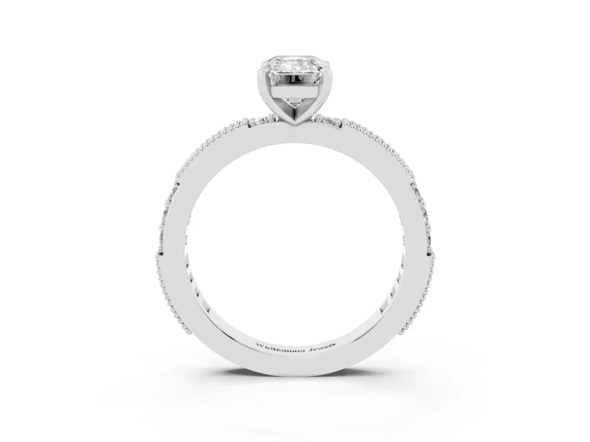 Emerald Cut Solitaire with Pavé Band and Four-Prong Setting Silver
