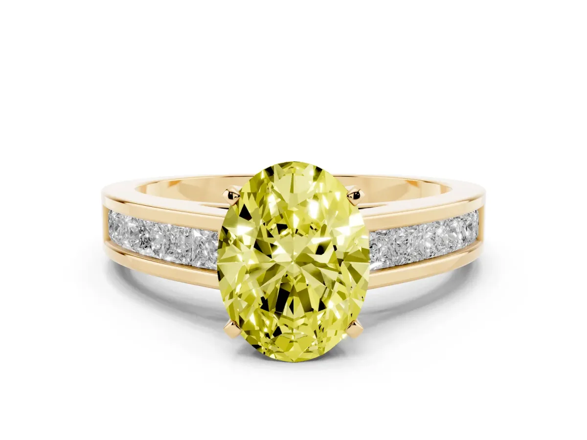 Fancy Yellow Oval Cut Solitaire Diamond Ring with Channel-Set Band and Four-Prong Setting Yellow gold