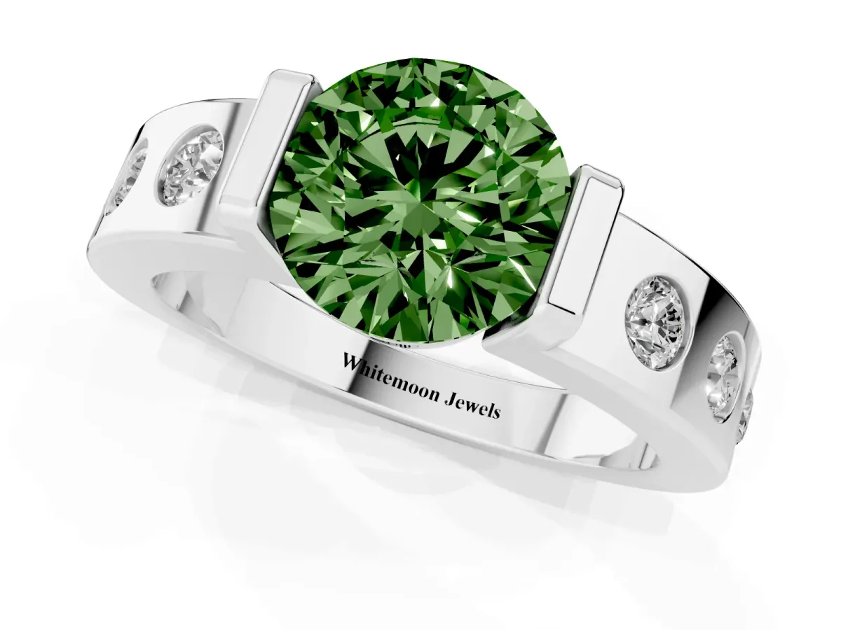 Fancy Green Round Cut Brilliant Channel-Set Diamond Ring with Bezel Prong Setting Silver
