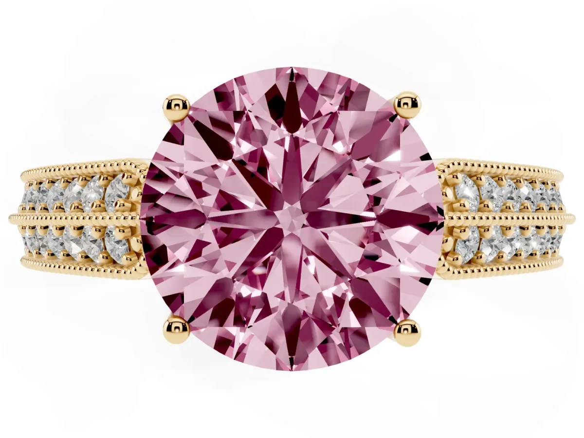Fancy Pink Round Cut Cut Pave Split Shank Engagement Ring with Four-Prong Setting Yellow gold
