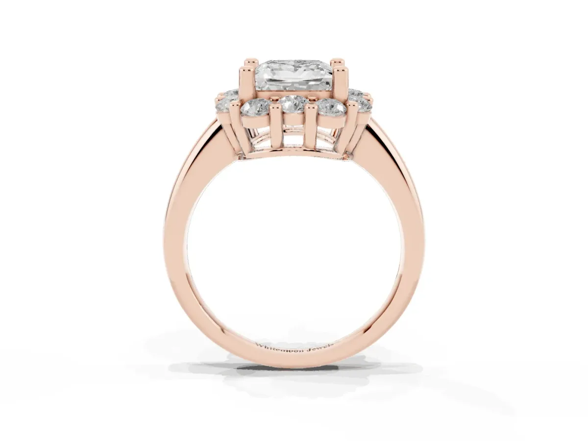 Princess Cut Halo Cluster Diamond Engagement Ring with Prong Setting and Polished Band Rose gold
