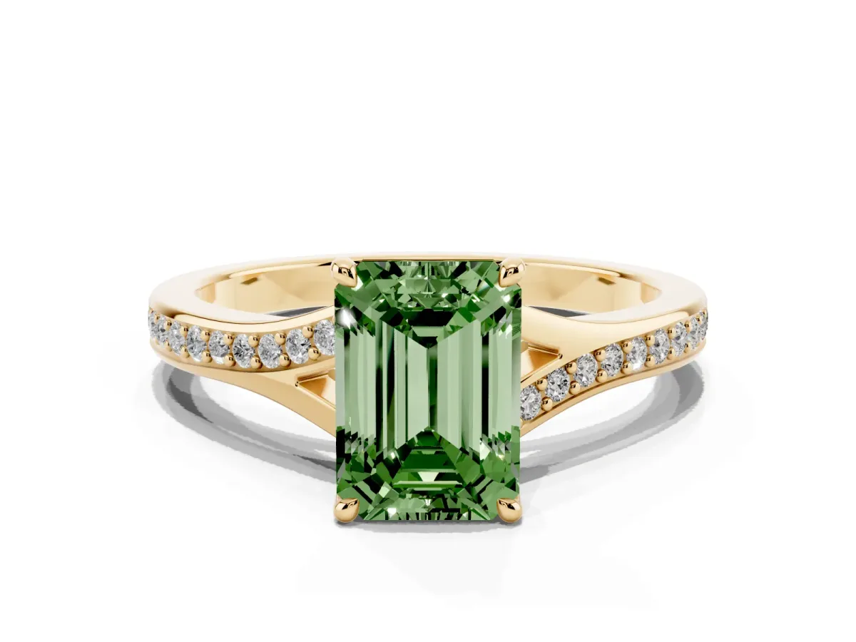 Fancy Green Emerald Cut Diamond Solitaire Ring with Pavé Band and Prong Setting Yellow gold