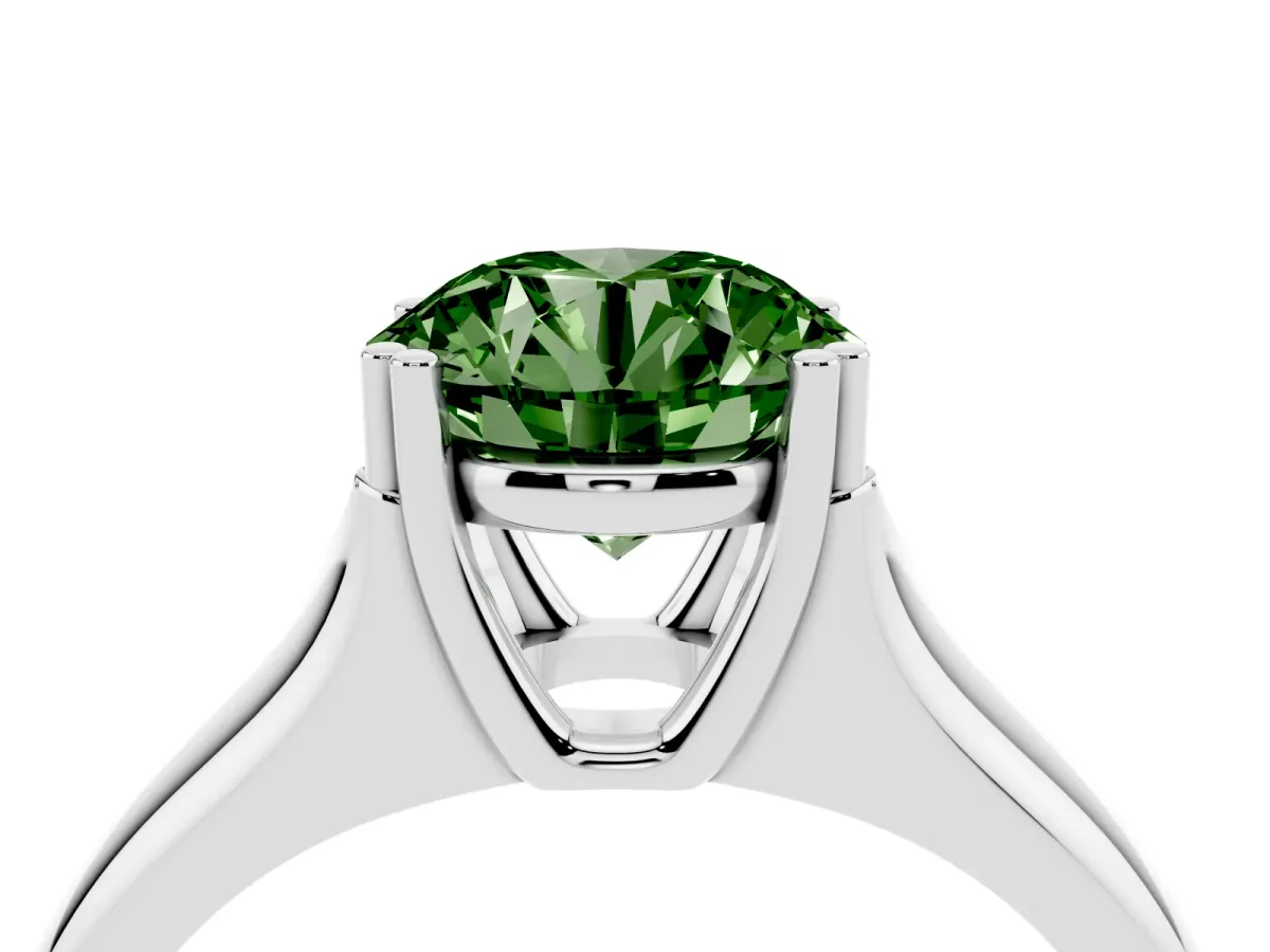 Fancy Green Round Cut Diamond Solitaire Ring with Wide Band and Prong Setting Silver