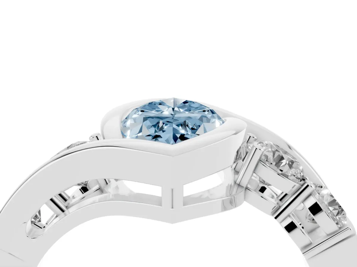 Fancy Blue Bezel Set Marquise Cut Diamond Bypass Ring with Round Accents Silver