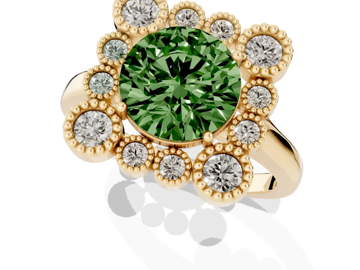 Fancy Green Round Cut Halo Diamond Cluster Engagement Ring with Milgrain Bezel Setting and Solitaire Band Yellow gold