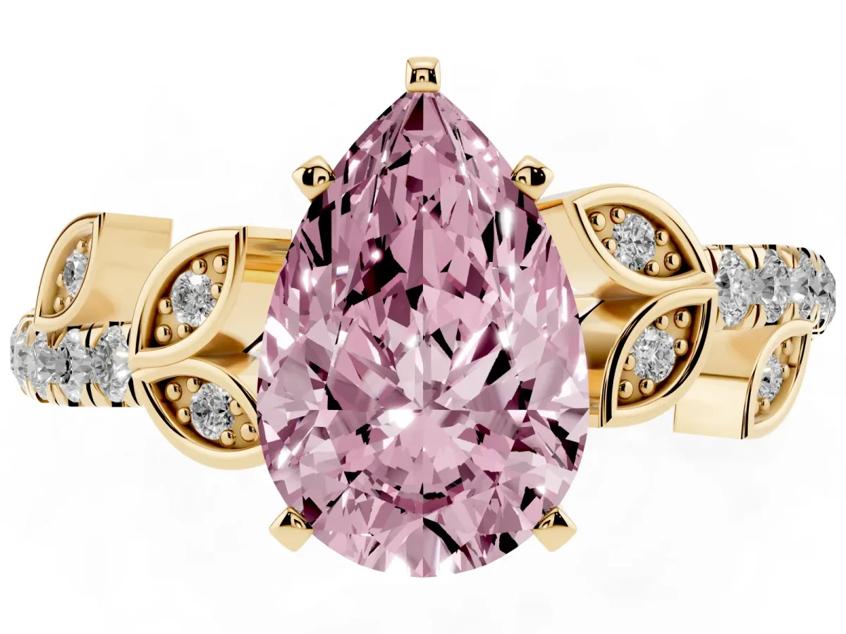 Fancy Pink Pear Cut Solitaire Leaf-Inspired Diamond Ring with Pavé Band and Four-Prong Setting Yellow gold
