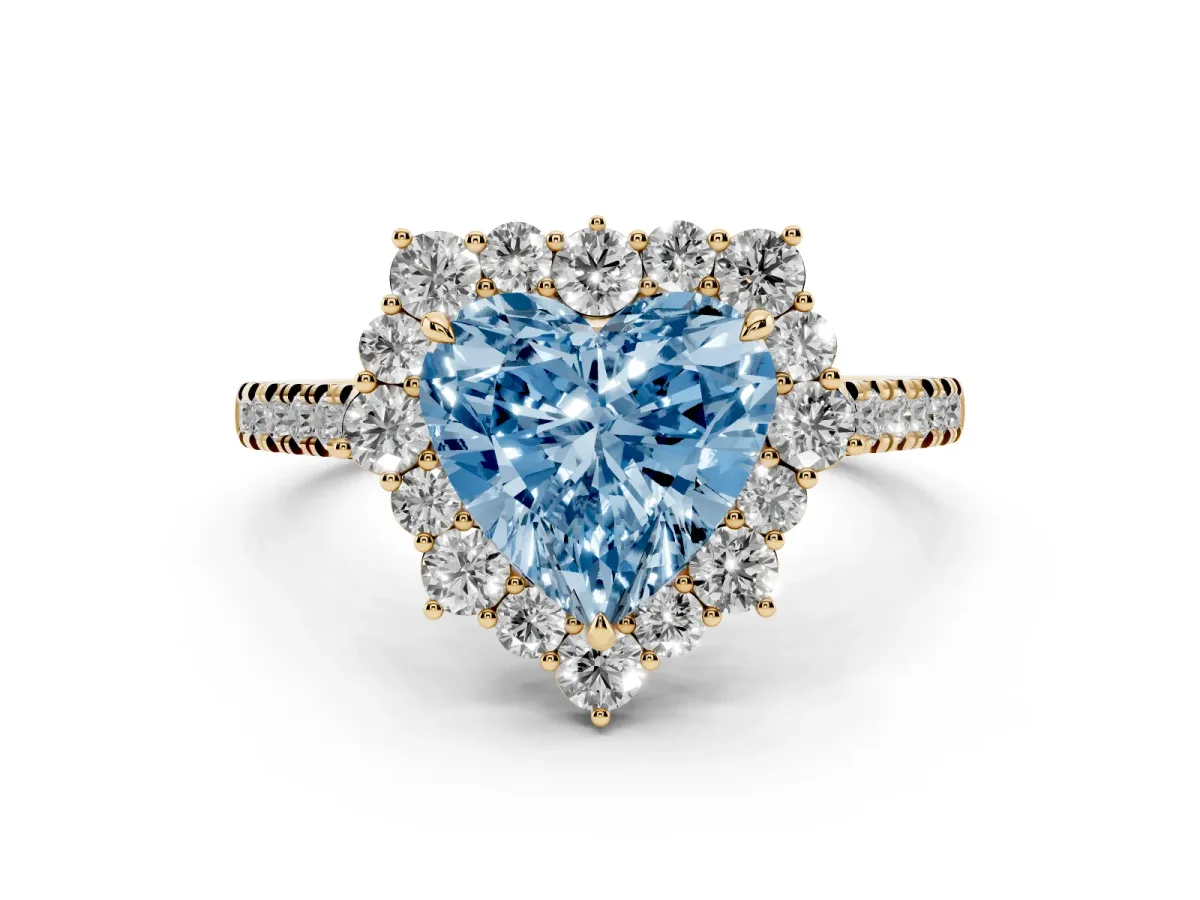 Fancy Blue Heart Cut Halo Diamond Ring with Pavé Band and Prong Setting Yellow gold