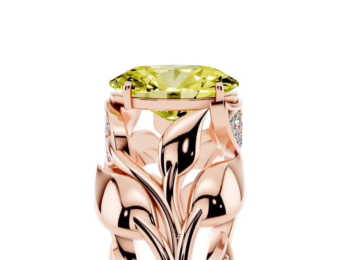 Fancy Yellow Oval Cut Diamond Leaf-Inspired Engagement Ring with Round Accents and Prong Setting Rose gold