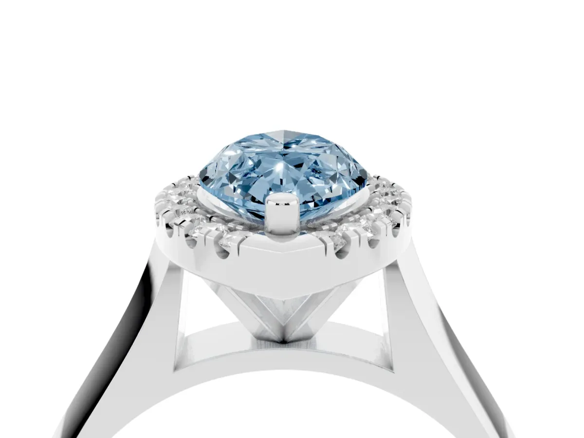 Fancy Blue Marquise Cut Cut Halo Solitaire Engagement Ring with Square Band and Four-Prong Setting White gold