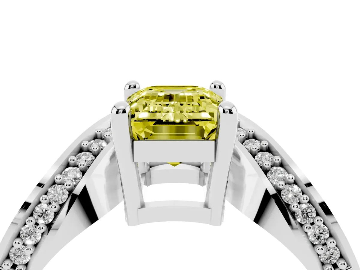 Fancy Yellow Emerald Cut Solitaire Diamond Engagement Ring with Pave Band and Four-Prong Setting White gold