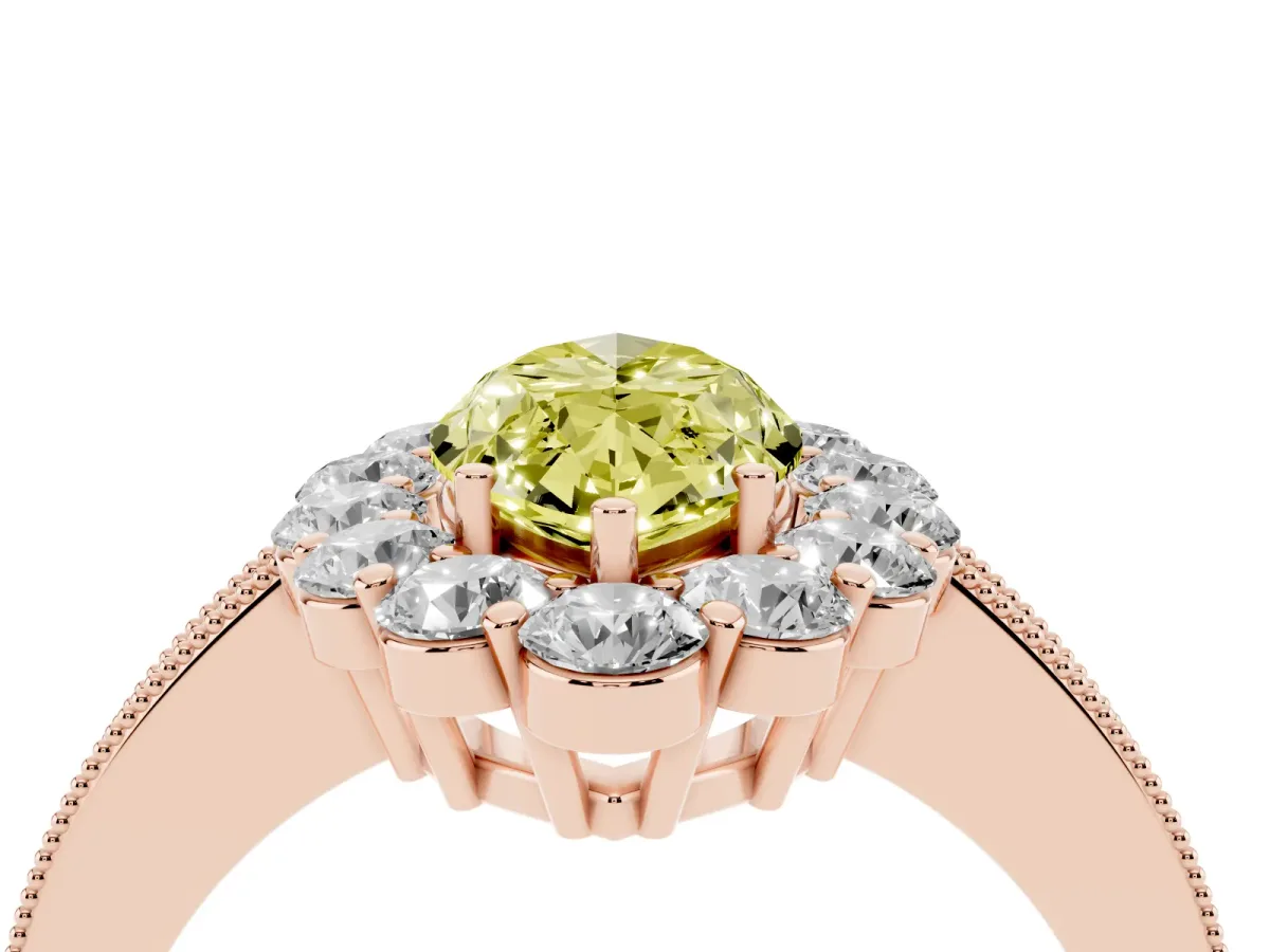 Fancy Yellow Marquise Cut Cut Halo Diamond Pavé Engagement Ring with Milgrain Detailing Rose gold