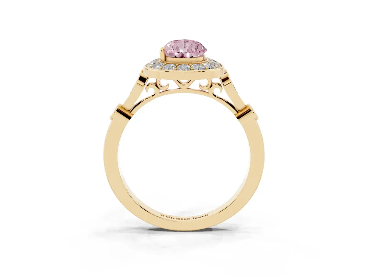 Fancy Pink Pear Cut Halo Diamond Engagement Ring with Twisted Band and Four-Prong Setting Yellow gold