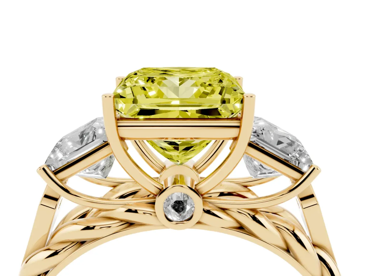 Fancy Yellow Three-Stone Princess Cut Diamond Braided Band Ring with Four-Prong Setting Yellow gold