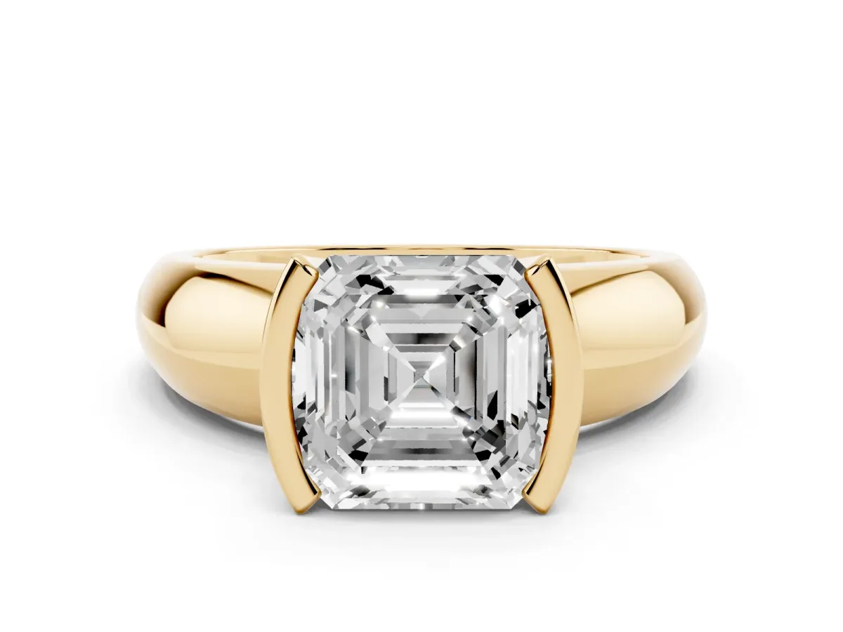 Asscher Cut Solitaire Tension Set Diamond Ring with Wide Band Yellow gold